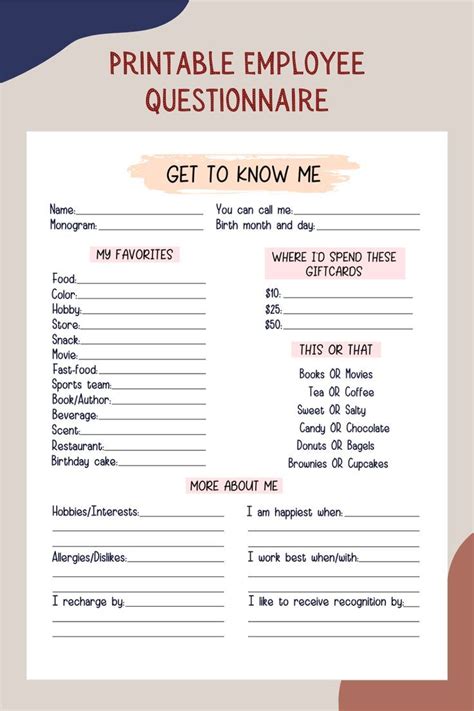 Coworker Questions Printable All About Me Employee Etsy Teacher Favorite Things Getting To