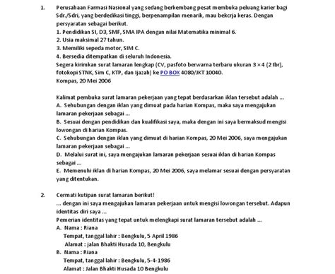 Contoh surat lamaran kerja opeartor sekolah. Contoh Soal Surat Lamaran Kerja Pilihan Ganda Beserta ...