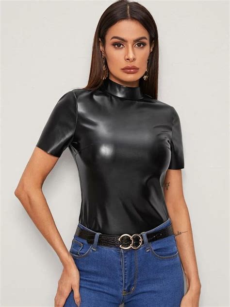 shein mock neck short sleeve pu leather top leather shirt sexy leather outfits leather dress