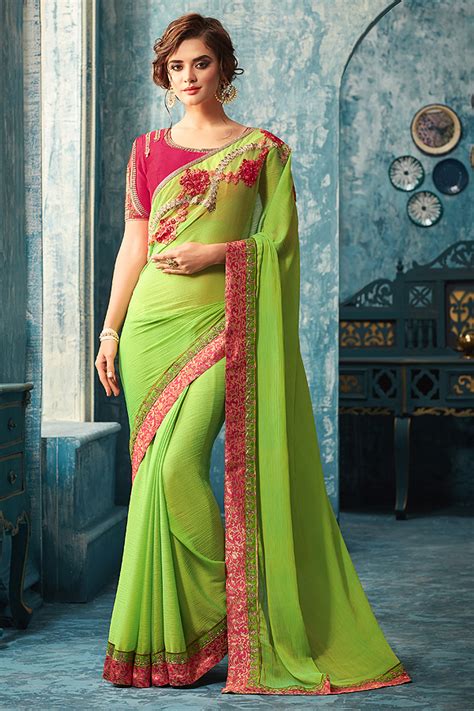 From silk to georgette to lycra to every other fabric you love, we have. Buy Green Designer Saree With Pink Embroidered Blouse ...