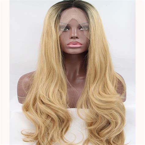 Synthetic Black Roots Blonde Wavy Lace Front Wig