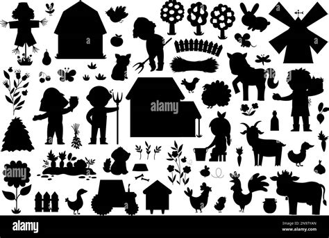 Vector farm silhouettes set. Rural black icons collection with funny