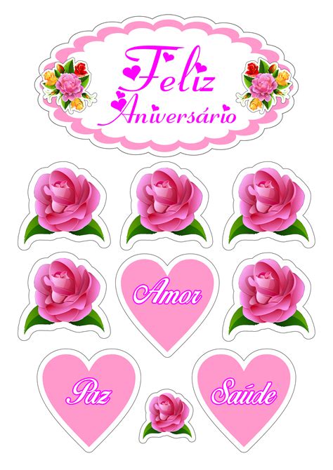 Topo De Bolo Feliz Aniversário Flores Rosa Decoração Png