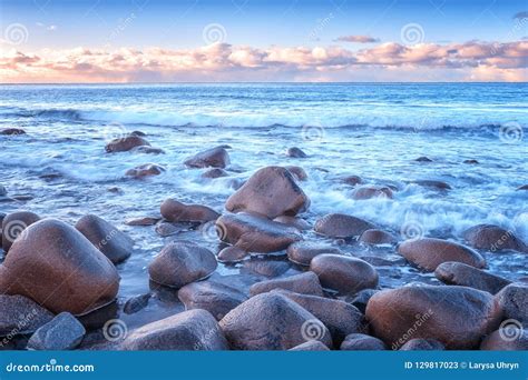 Atlantic Ocean In Sunset Light Northern Shore Seascape Stock Image