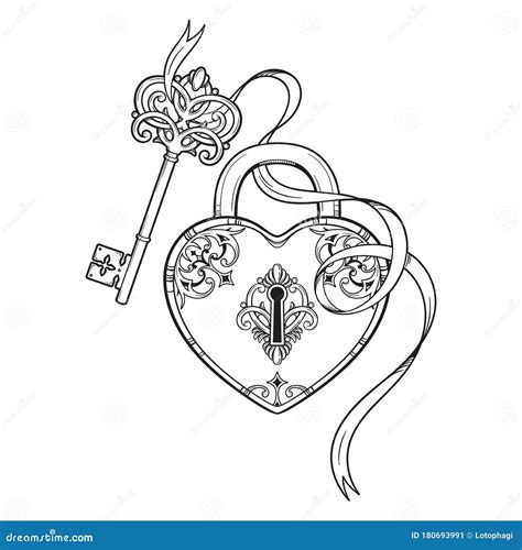 Key And Heart Shaped Padlock In Vintage Style Coloring Book Page For