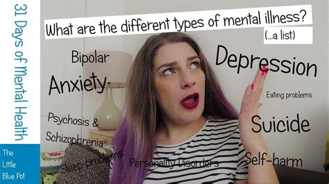 Assessment | biopsychology | comparative | cognitive | developmental | language | individual differences | personality | philosophy | social | methods | statistics | clinical | educational | industrial | professional items | world psychology |. What are the different types of mental illness? (a LIST ...