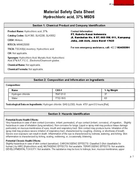 Material Safety Data Sheet Hydrochloric Acid 37 Msds Pdf