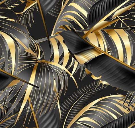 Vector Seamless Pattern With Gold And Black Tropical Leaves On Dark