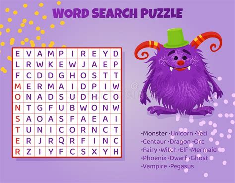 Word Search Puzzle For Kids With Mythical Animals Stock Vector