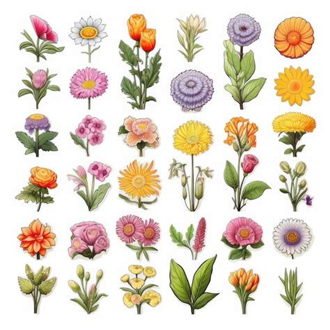 Premium AI Image Flower Icons Set Sticker On White Background