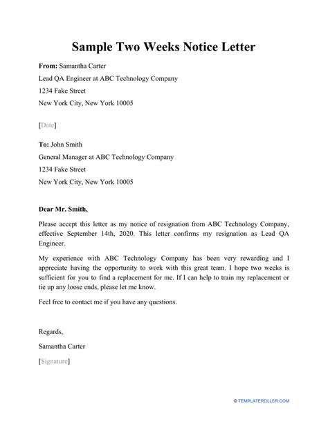Week Notice Letter Template Word Free