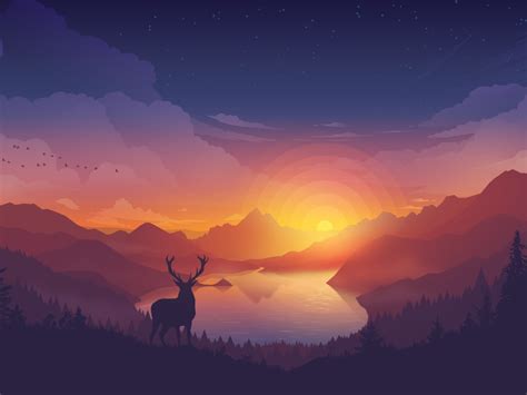Lakeside Wallpaper 4k Evening Deer Minimal Art Landscape Scenic