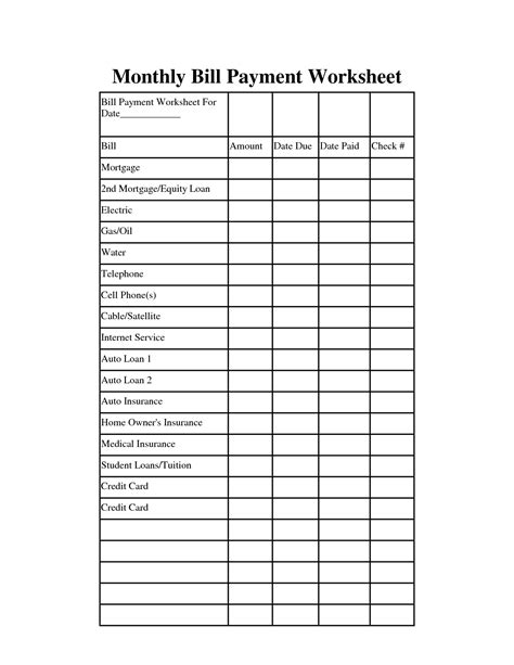 Paying Bills Worksheet