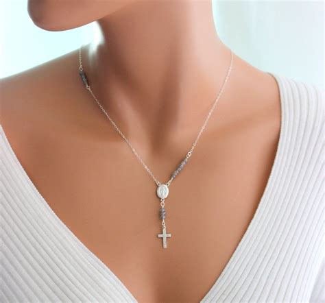 sterling silver cross necklace women unique cross necklace rosary inspired necklace rosary