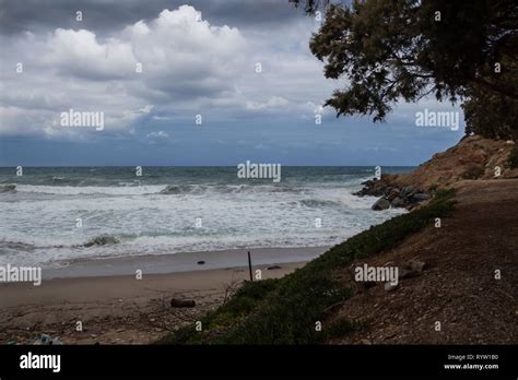 Coastline With A Sandy Beach Green Color Of The Mediterranean Sea With