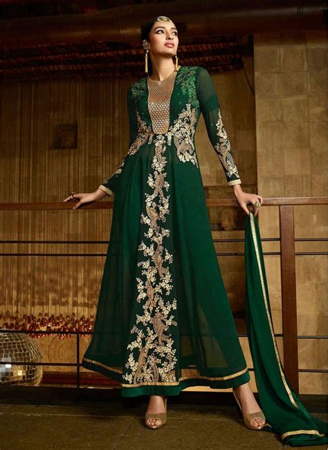 Green Embroidered Georgette Anarkali Salwar Kameez Punjabi Dress