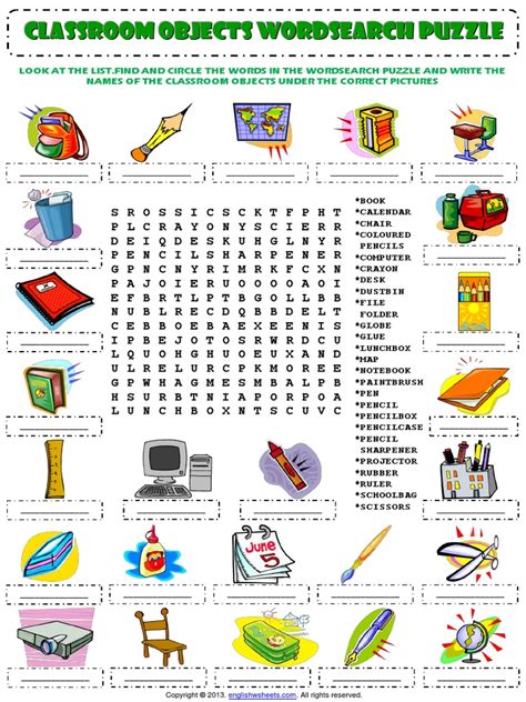 Classroom Objects Supplies Wordsearch Puzzle Vocabulary Worksheet 1pdf