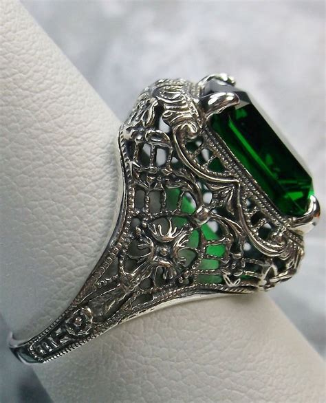 5ct Emerald Sterling Silver Intricate Floral Victorian Filigree Ring