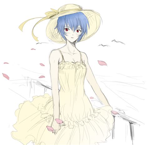Safebooru Ayanami Rei Bare Shoulders Blue Hair Blush Breasts Cleavage Colored Dress Hat