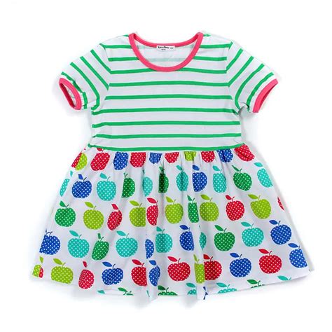 Summer Girls Striped Dresses Princess Dress Printed Colorful Apples