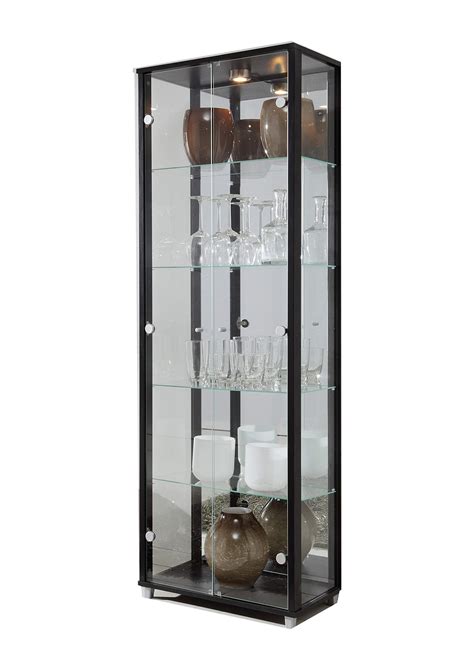 Buy Lockable Fully Assembled Home Black Double Glass Display Cabinet 7 Glass Shelves Mirror