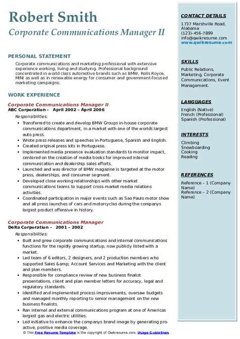 Hiring managers and security agency staff love this. Corporate Communications Manager Resume Samples | QwikResume