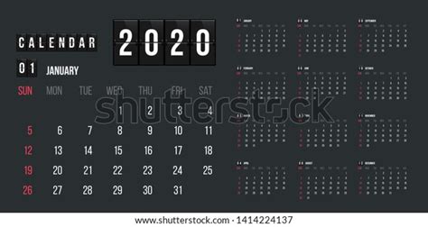 Calendar 2020 Year Vector Illustration Basic Stock Vector Royalty Free