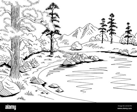 Mountain Lake Graphic Black White Landscape Sketch Illustration Vector Stock Vector Image Art