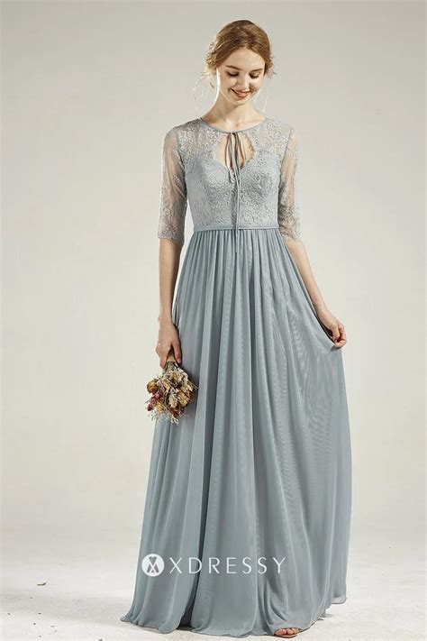 dusty blue half lace sleeve and chiffon bridesmaid dress xdressy