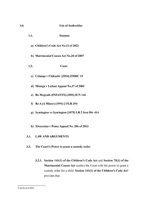 Legal Authorities on Custody - List of Authorities Statutes a) Children