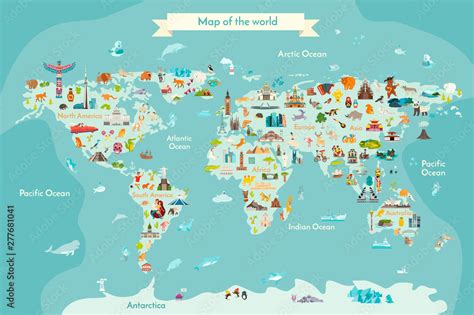 World Travel Map With Landmarks Animals And Sight Of Country Vector
