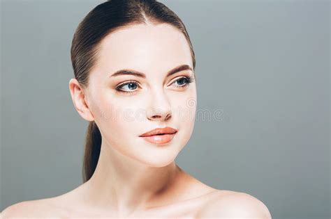 Beauty Woman Face Portrait Beautiful Spa Model Girl With Perfect Fresh Clean Skin Gray