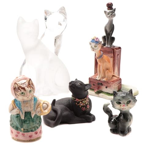 Lenox Graceful Embrace Crystal Figurine With Other Ceramic Cat Figurines Ebth
