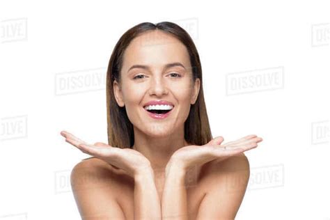 Portrait Of Cheerful Naked Babe Woman Smiling At Camera Isolated On White Stock Photo Dissolve