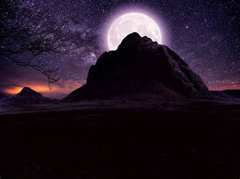 Full Moon Over Mountain On Starry Night Hd Wallpaper Background Image