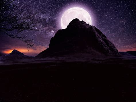 Full Moon Over Mountain On Starry Night Hd 4k Wallpaper