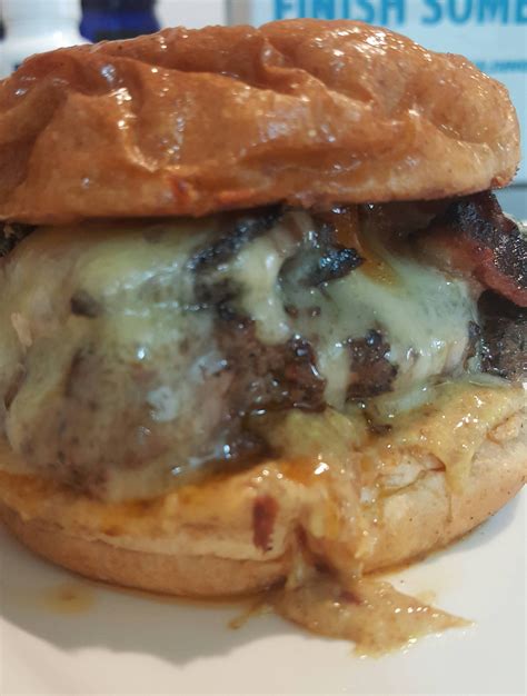 Bison Burger With Bacon Jam Mustard Aoli Black Forest Bacon Champignon