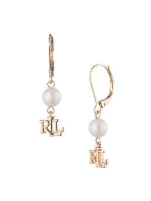 Lauren Ralph Lauren Goldtone Glass Pearl And Logo Double Drop Earrings