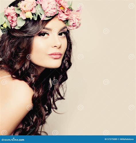 Beautiful Young Woman With Summer Pink Flowers Stock Image Image Of