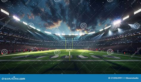Football Stadium at Night, Illuminated by Bright Lights and Spotlights