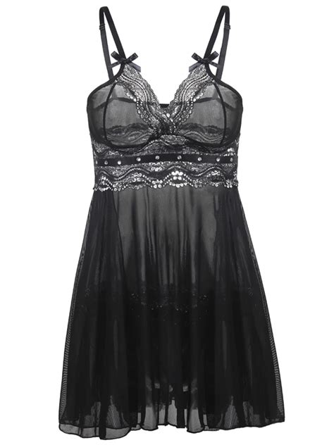 Mini Nightgown 2018 Women Nightdress Spaghetti Strap Lace Sequins Short Sleepwear Backless See