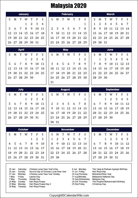 Printable Malaysia Calendar 2020 With Holidays Public Holidays