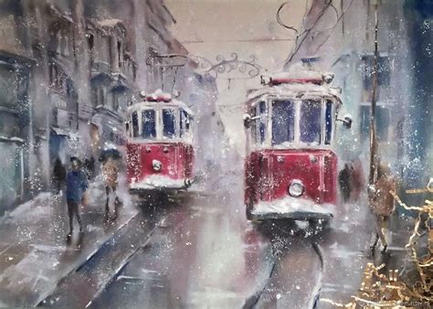 Картина пастелью Red Tram (трамвай зимний городской пейзаж) - заказать ...