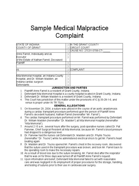 Sample Medical Malpractice Complaint Pdf Negligence Surgery