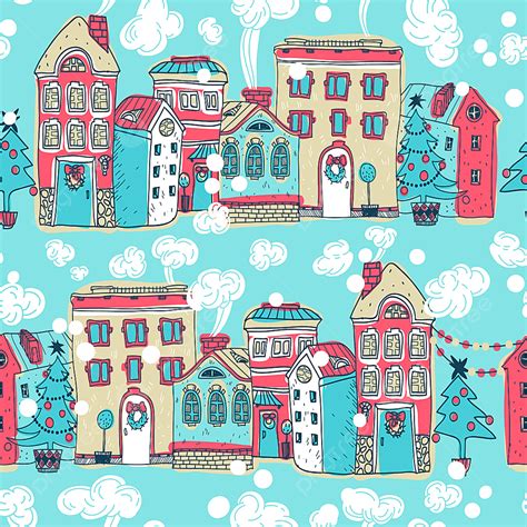 Christmas Vector Seamless Pattern With Colored Houses Background