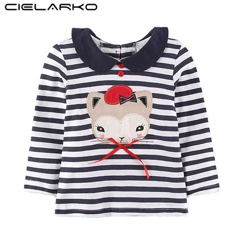 Cielarko Girls T Shirts Long Sleeve Tops Striped Animal Appliques