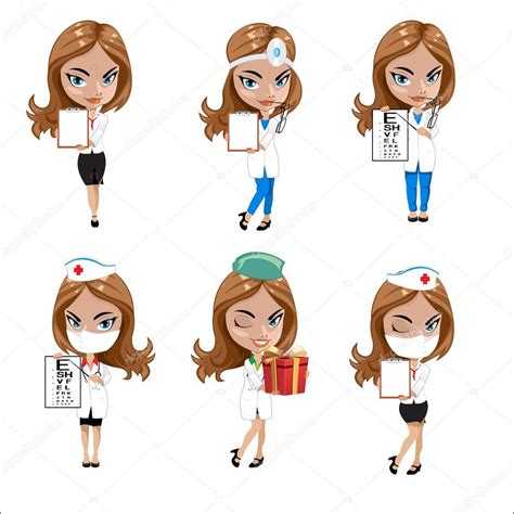 Doctors Set Of Girls In Various Poses Woman Doctor Nurse Health
