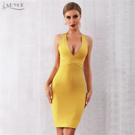 ADYCE New Summer Women Bandage Dress Sexy Yellow Halter Backless Sleeveless Midi Bodycon