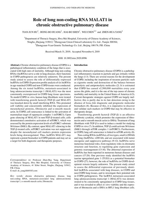 Pdf Role Of Long Non‑coding Rna Malat1 In Chronic Obstructive