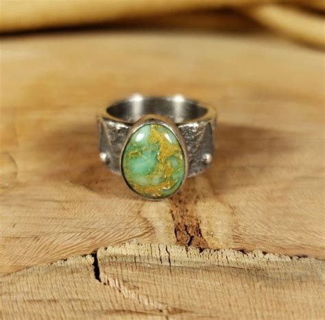 Handmade Sterling Silver Tufa Cast Ring With Natural Pixie Turquoise